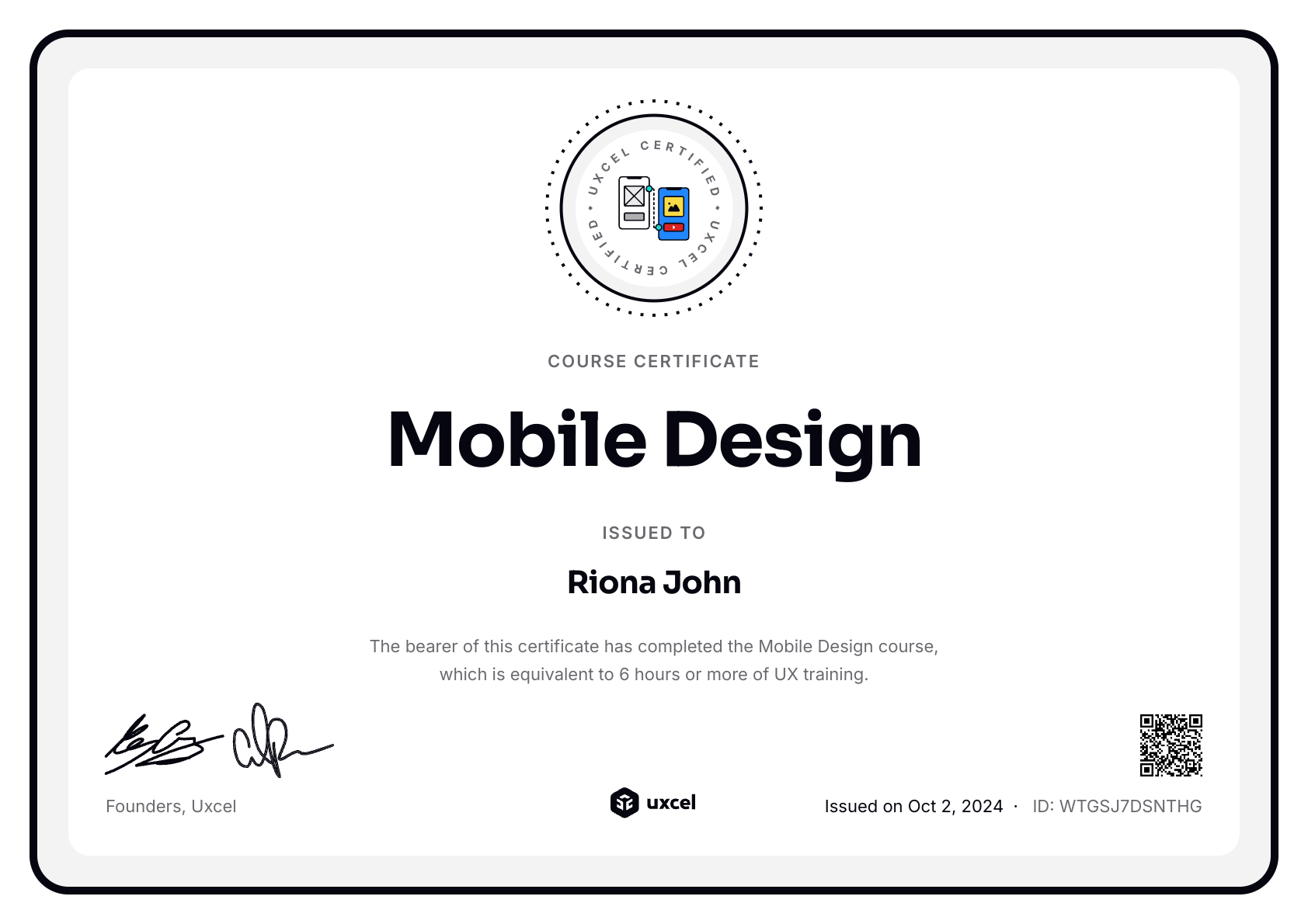 Riona John's certificate